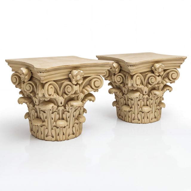 This is a pair of 19th century continental carved oak and painted capitals. These do have some chippiness to the paint....
