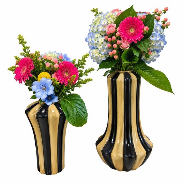 Art Deco Hollywood Regency Black & Tan Fluted Ceramic Vase Pair For Sale - Image 4 of 16