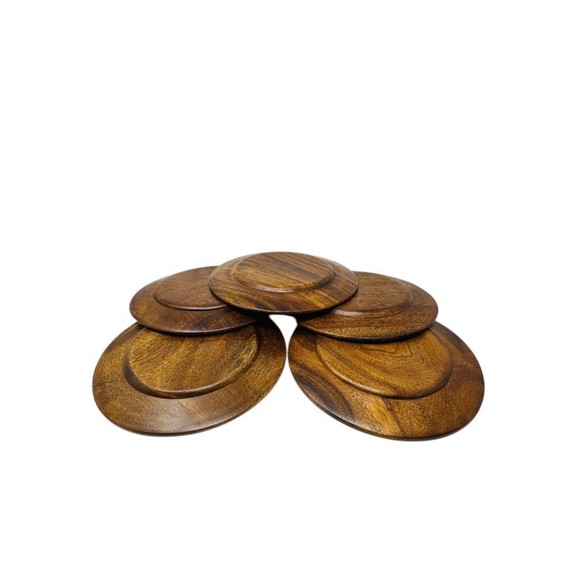 Brown 2010s Hand-Turned Acacia Wood Charger Plates - Set of 5 For Sale - Image 8 of 10