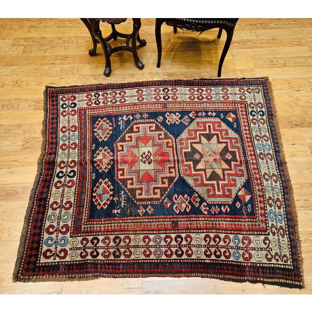Textile Antique Caucasian Kazak Area Rug, Hand-Knotted Wool, Geometric Medallion Pattern, 5x5 For Sale - Image 7 of 18