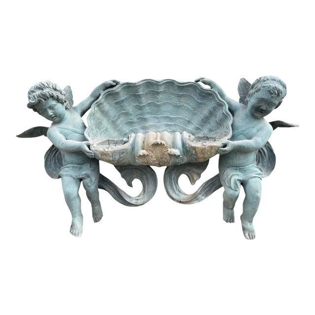 Vintage Bronze Wall Fountain With Cherubs and Scallop Shell For Sale