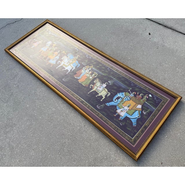Vintage Monumental Indian Painted Textile Procession in Gilt Frame For Sale - Image 10 of 12