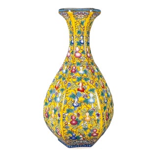 Chinese Yellow Ground Famille Rose Porcelain Hexagonal Vase With Gourd Motif For Sale