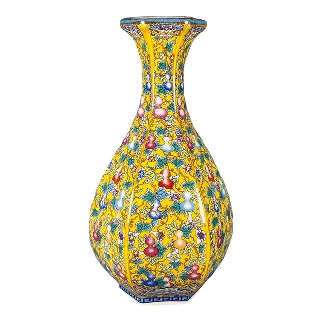 Chinese Yellow Ground Famille Rose Porcelain Hexagonal Vase With Gourd Motif For Sale
