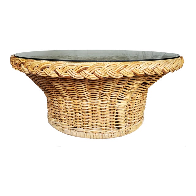 Mid 20th Century Vintage Wicker Works Braided Rattan Round Coffee Table ...