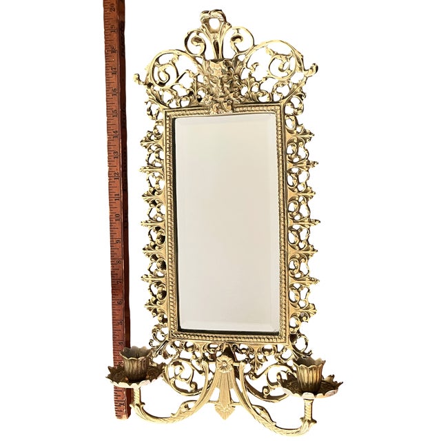 Metal Pair of Virginia Metalcrafters Brass Wall Mirror Sconces With Green Man Motif & Candleholders For Sale - Image 7 of 13