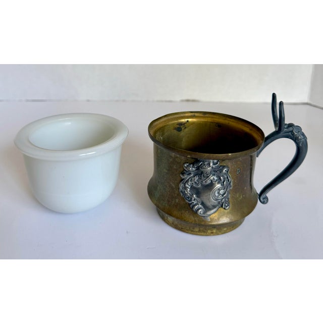 Brass Antique Brass Shaving Mug With Milk Glass Liner & Silver-Toned Shield Cartouche For Sale - Image 8 of 11