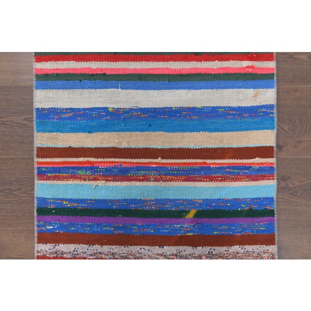 Blue Vintage Turkish Hand-Knotted Wool Cotton Blue Kilim Runner Rug For Sale - Image 8 of 10