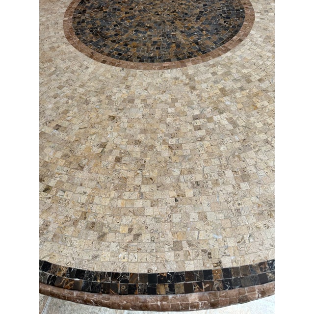 Arhaus Round Travertine Marble Mosaic Dining Room Table in Wrought Iron