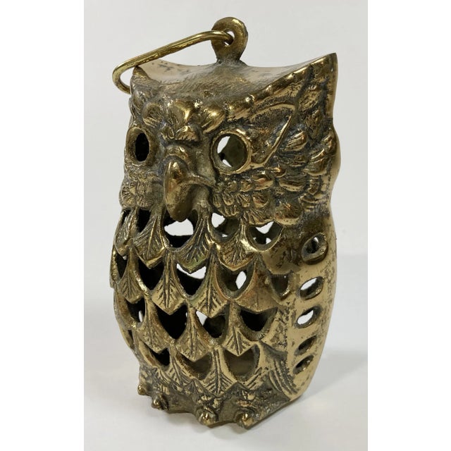 WHOOOOO goes there? Vintage decorative brass filigree owl candle holder lantern. Features great feather detail and hook at...