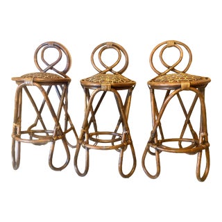Late 20th Century Vintage Bent Bamboo and Grass Cloth Barstools - Set of 3 in the Style of Paul Frankl For Sale