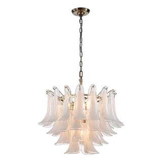 Aloadecor 24'' Wide Vintage Mid-Century Modern Chandelier 4-Light 4-Tier White Art Glass Pendant With Antique Bronze Finish For Sale