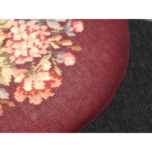 Footstool ~ Vintage French Country Burgundy Floral Round Needlepoint Footstool#2 For Sale - Image 16 of 16