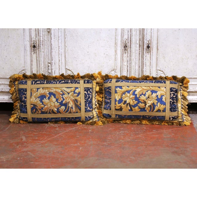 Mid 20th Century Pair of 18th Century French Aubusson Tapestry and Velvet Bolster Pillows For Sale - Image 5 of 8