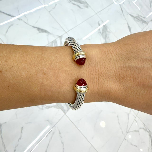 Gold David Yurman Classic Cable 7mm 18k Yg 925 Silver Carnelian Bangle Cuff Bracelet For Sale - Image 8 of 8