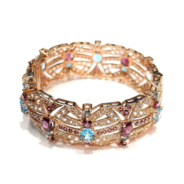 Bochic “Capri” Vintage Fancy Sapphire & Garant Bangle in 18K Gold & Silver Blue Topaz 5 carats Red Rose Garnet 6 carats,...