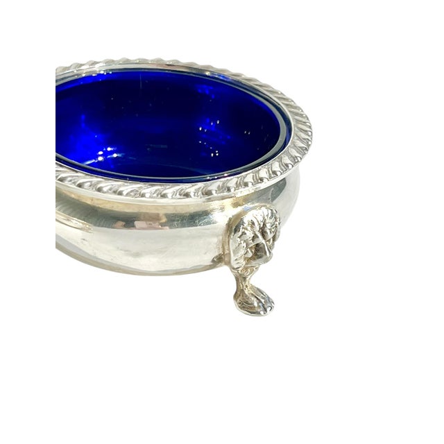 Antique Silver Plate and Cobalt Glass Salt Cellars With Lion Paw Feet - a Pair For Sale - Image 6 of 11