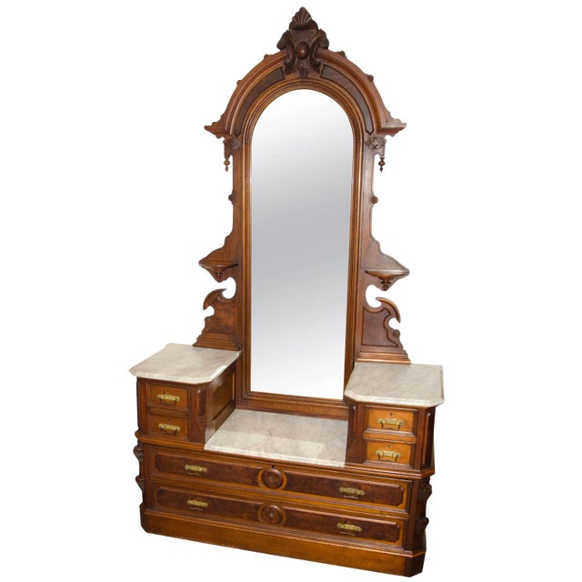 Antique Walnut American Renaissance Victorian Drop Well Dresser