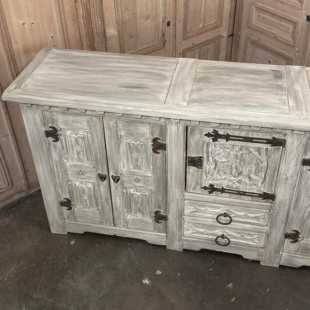 Mid 20th Century Antique Grand Normandy Rustic Gothic Revival Whitewashed Buffet For Sale - Image 5 of 14