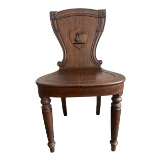1950s English Oak Hall Chair With Heraldic Carved Crest For Sale