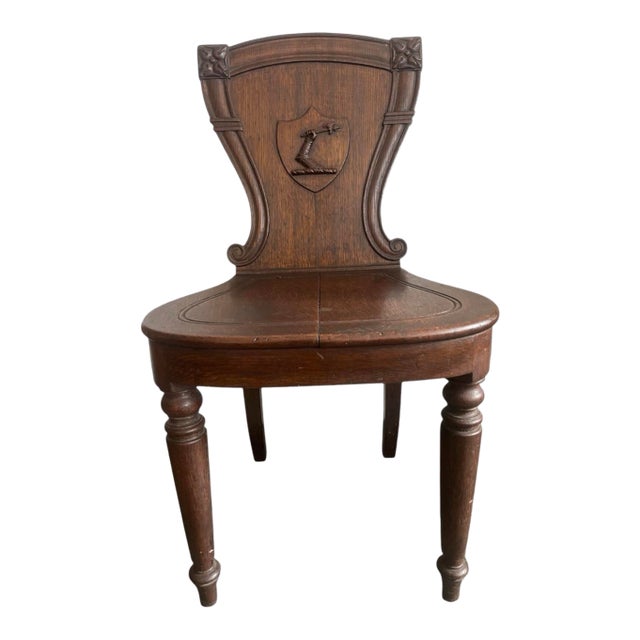 1950s English Oak Hall Chair With Heraldic Carved Crest For Sale
