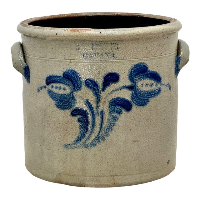 Excellent 1850s Antique American Blue 2 Gallon Flower Decorated Stoneware Jar by S. T. Brewer - Havana New York For Sale