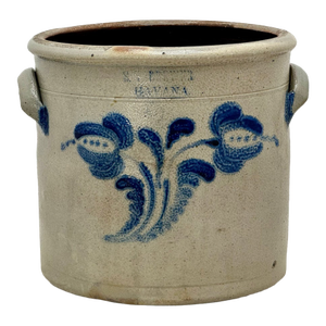Excellent 1850s Antique American Blue 2 Gallon Flower Decorated Stoneware Jar by S. T. Brewer - Havana New York