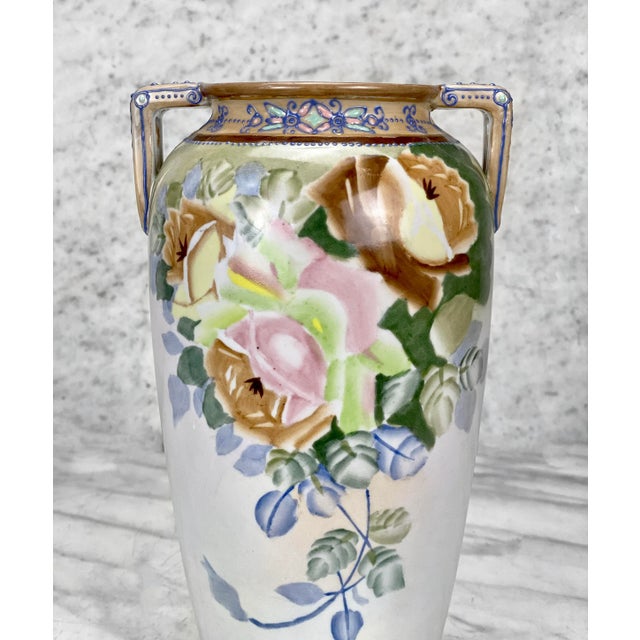 Art Deco Vintage Japanese Porcelain Art Deco Floral Motif Moriage Handle Urn Vase For Sale - Image 3 of 10