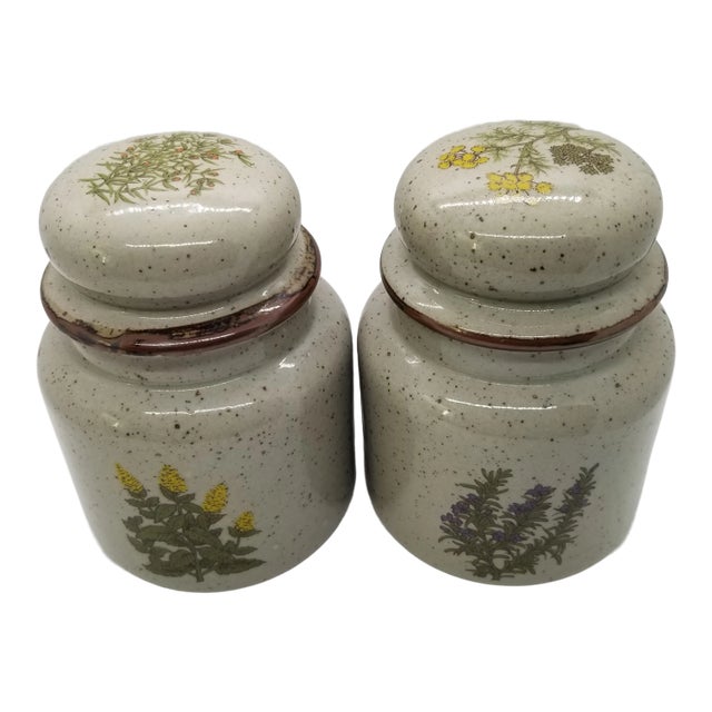 Vintage Mid-Century Modern Botanical Ceramic Takahashi Canisters - a Pair For Sale