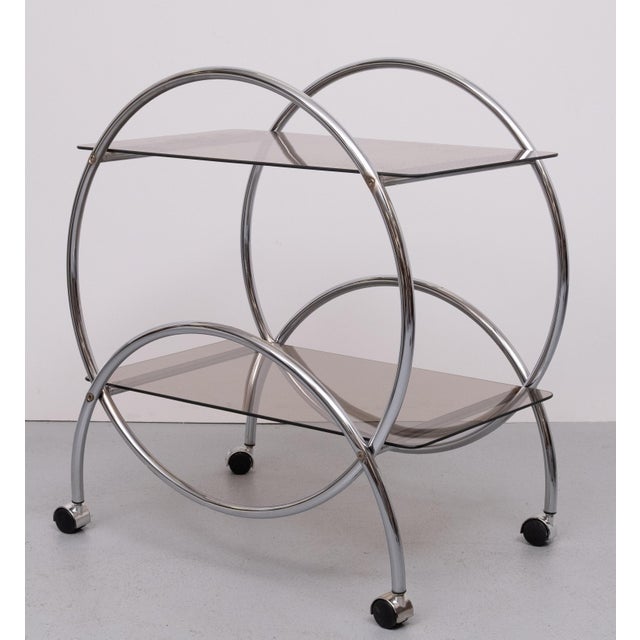 Art DecoTwo-Tier Smoked Glass and Chrome Bar Cart by IKEA, Sweden, 1970s For Sale - Image 3 of 9