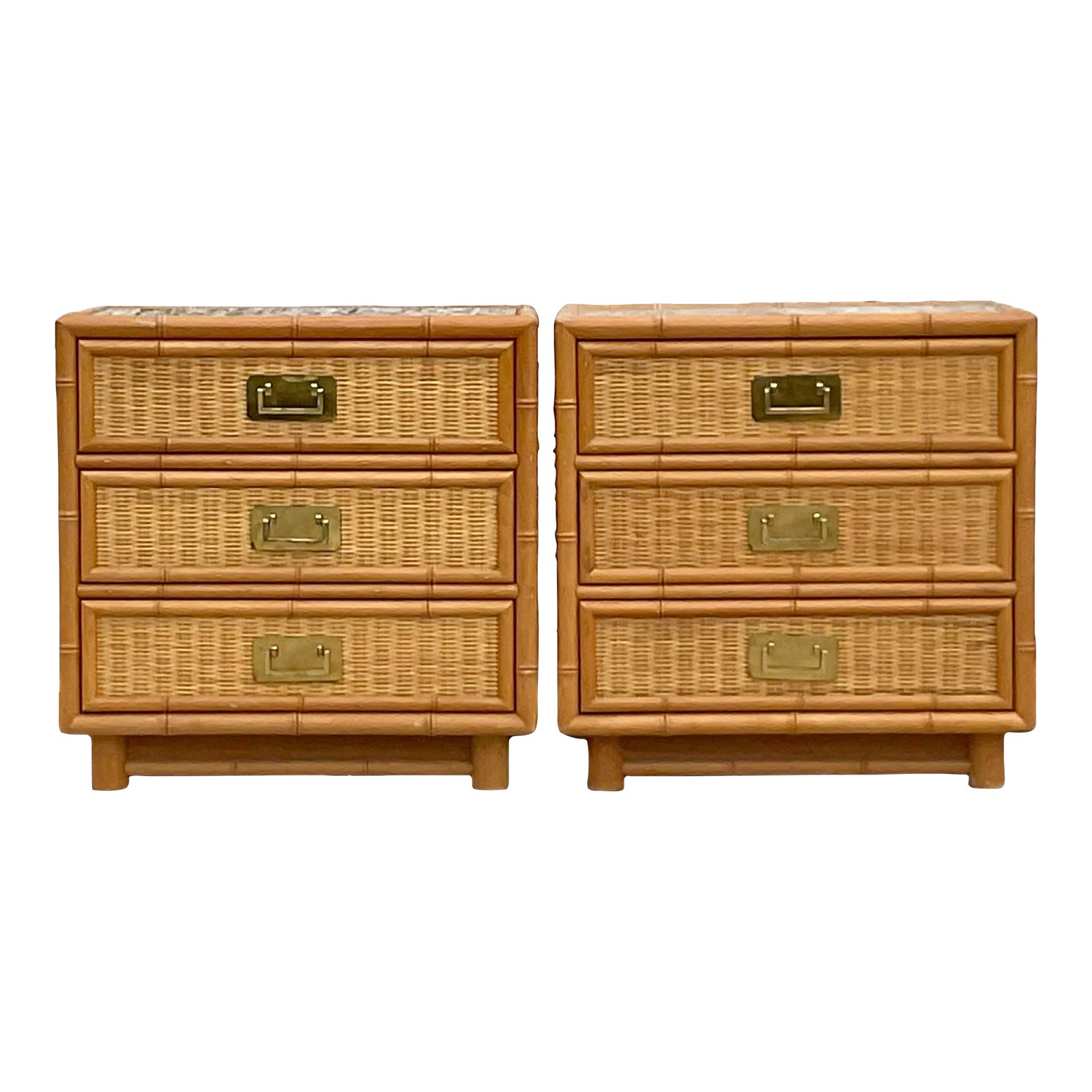 Late 20th Century Vintage Coastal Woven Rattan Nightstands a Pair