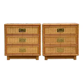 Late 20th Century Vintage Coastal Woven Rattan Nightstands - a Pair For Sale