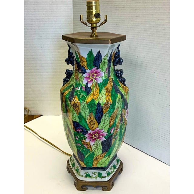 This is a mid-century Chinese Export style table lamp in the vibrant tobacco leaf pattern. The wiring is new and the lamp...