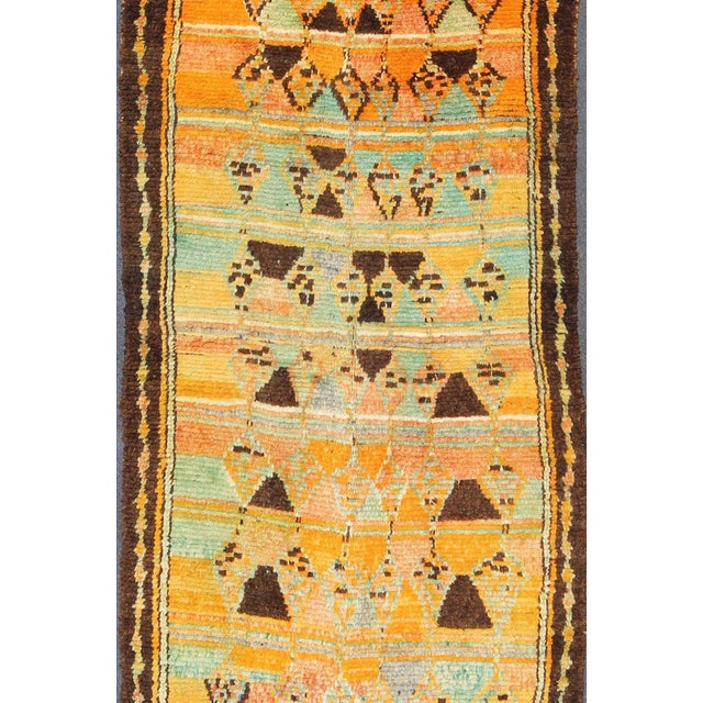 Orange Mid 20th Century Long Vintage Moroccan Runner With Tribal Design in Orange, Brown, Blue and Green For Sale - Image 8 of 13