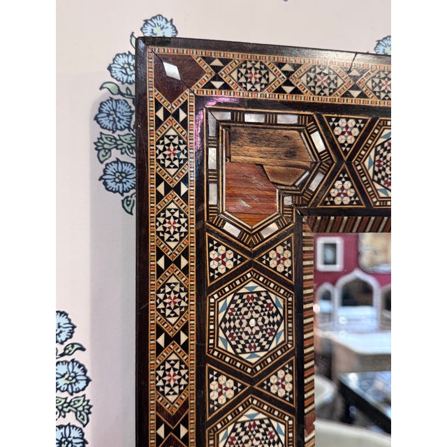 1940s Vintage Marquetry Wood Inlay Mirror With Mother-of-Pearl Details For Sale - Image 5 of 8
