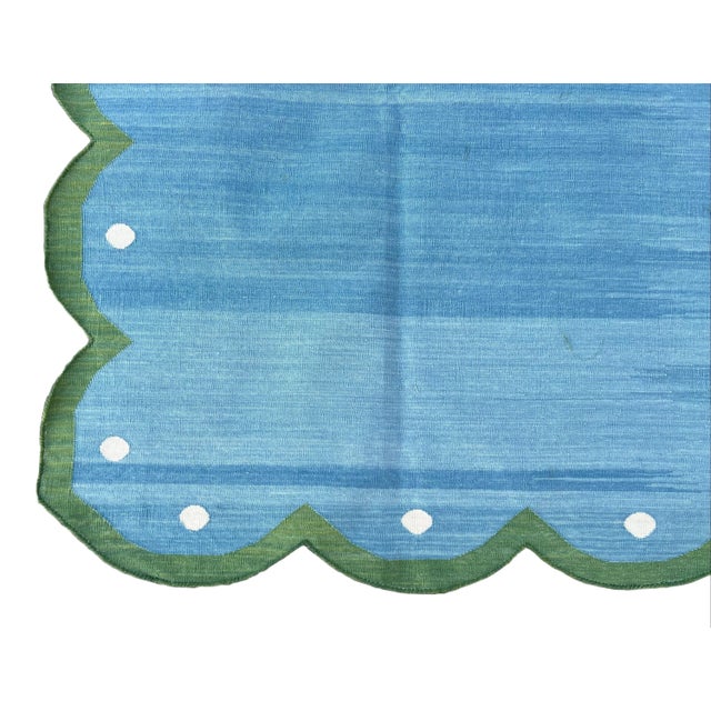 Handmade Cotton Scalloped Reversible Rug, Sky Blue and Forest Green Dhurrie-5'x7' For Sale - Image 10 of 10