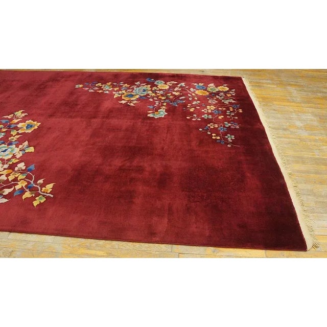 Textile 1930s Deep Red Floral Antique Chinese Art Deco Rug 8'9" X 11'4" Knotted Wool Carpet For Sale - Image 7 of 9
