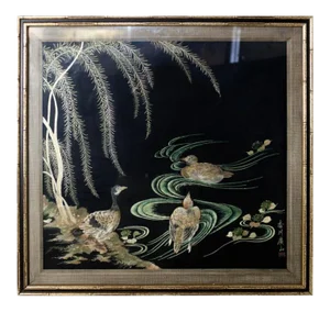 Framed Antique Japanese Embroidered Silk Panel Signed