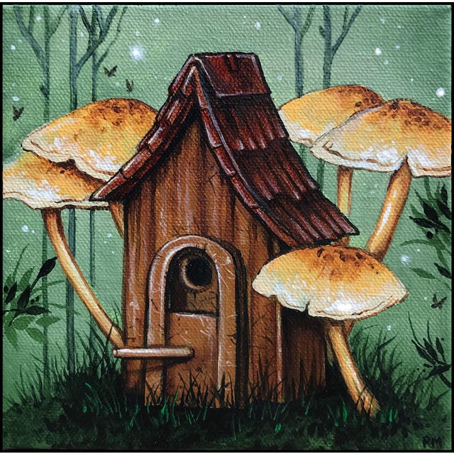 Refuge by Patrick Maxcy | Acrylic on canvas Small wooden house surrounded by mushrooms. For Sale