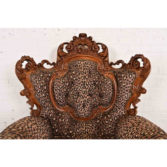 Italian Baroque Ornate Carved Walnut Throne Chair or Lounge Chair With Leopard Print Upholstery For Sale In South Bend - Image 6 of 13