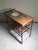 Beautiful example of Arthur Umanoff's bar cart with leather strap wine rack. Butcher blocks need to be sanded down. Cart...