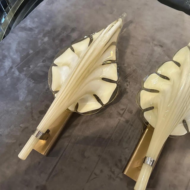 Two 1970s Mid-Century Modern Yellow Murano Glass Leaf Wall Sconce by Franco Luce For Sale - Image 12 of 12