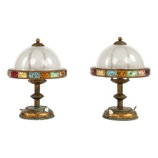 Table Lamps in Wrought Iron and Hammered Glass attributed to Longobard, Italy, 1970s, Set of 2 For Sale