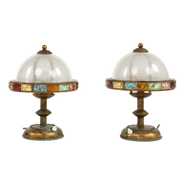 Table Lamps in Wrought Iron and Hammered Glass attributed to Longobard, Italy, 1970s, Set of 2 For Sale
