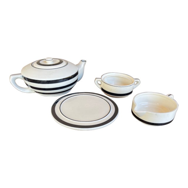 1930s Art Deco Japan Moriyama Black & White Stripe Ceramic Teapot For Sale