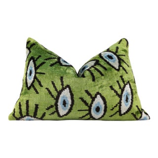 Green Evil Eye Silk Velvet Pillow With Insert 16x24 – Handmade in California For Sale