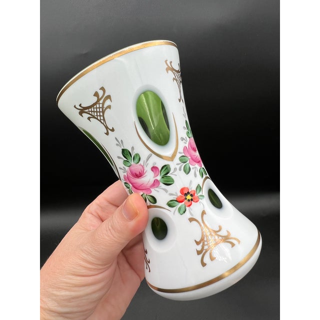 Moser Glassworks Stunning Vintage Moser Art Glass Bohemia Vase Cut to Green Overlay 5” Tall For Sale - Image 4 of 10