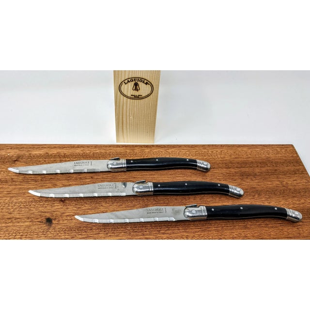 Early 21st Century French Modern Jean Dubost Laguiole Handmade Stainless Steel and Ebony Black Resin Steak Knives - Set of 6 For Sale - Image 5 of 13
