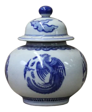 Chinese Oriental Blue Off White Porcelain Phoenix Dragon Container Urn