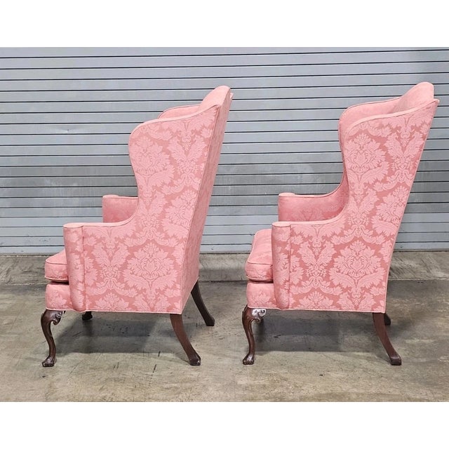 Rose Pair of Late 20th Century Southwood Mahogany Queen Anne Style Wing Chairs Silk Damask Fabric For Sale - Image 8 of 11